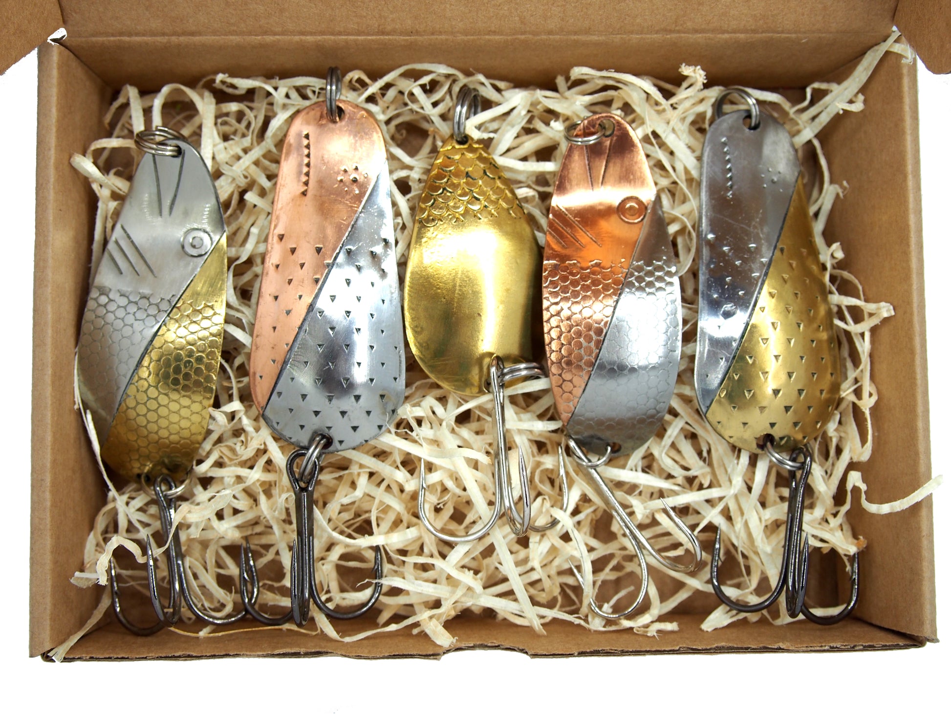 fishing spoons lures in gift box  , 5 pieces of handmade fishing spoons