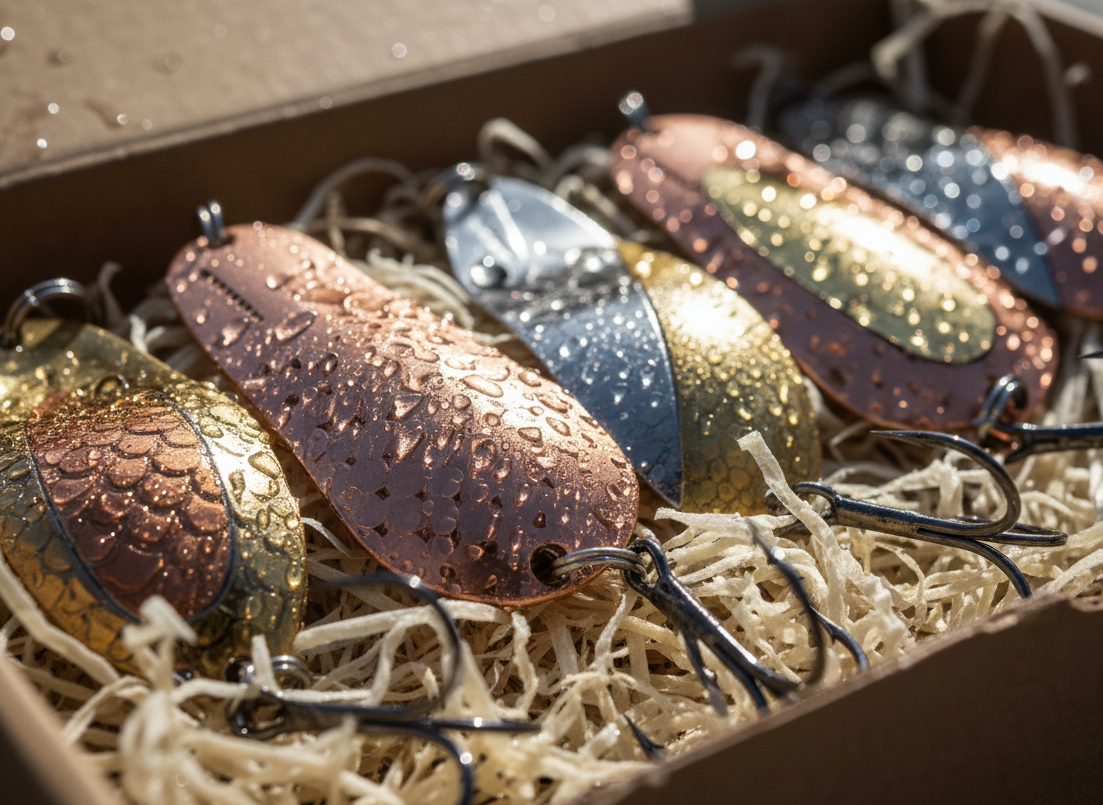 Set of metallic fishing lures in a box
