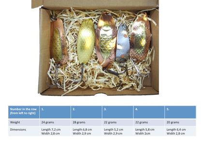 classic fishing spoon set, handmade fishing spoons, gold pike spoons, salmon lure copper with treble hook, 5 pieces