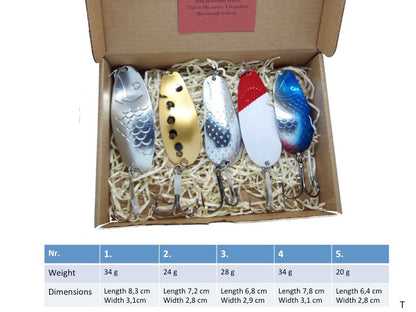 pike fishing spoons, classic fishing lure set for bass fishing, old-school lure set in a gift box