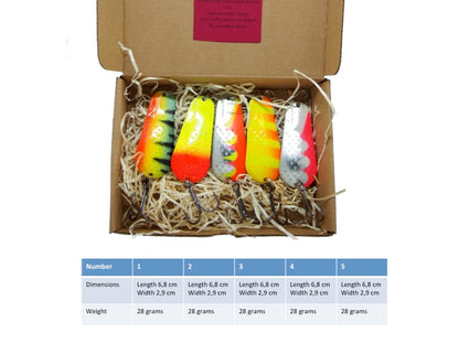 set of bright colour fishing spoons for pike and perch 5 pieces