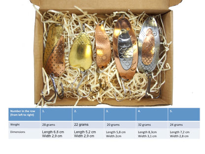 classic salmon spoon set, handmade fishing spoons, gold pike spoons, pike lure copper with treble hook, 5 pieces