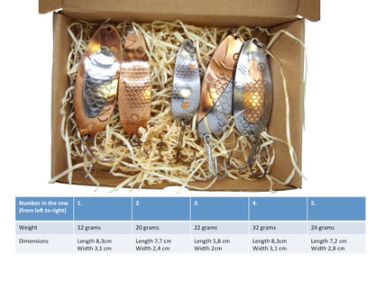 classic fishing spoon set, hand crafted fishing spoons, gold pike spoons, salmon lure copper with treble hook, 5 pieces