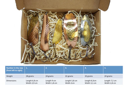 classic fishing spoon set, handmade fishing spoons, gold pike spoons, salmon lure copper with treble hook, 5 pieces