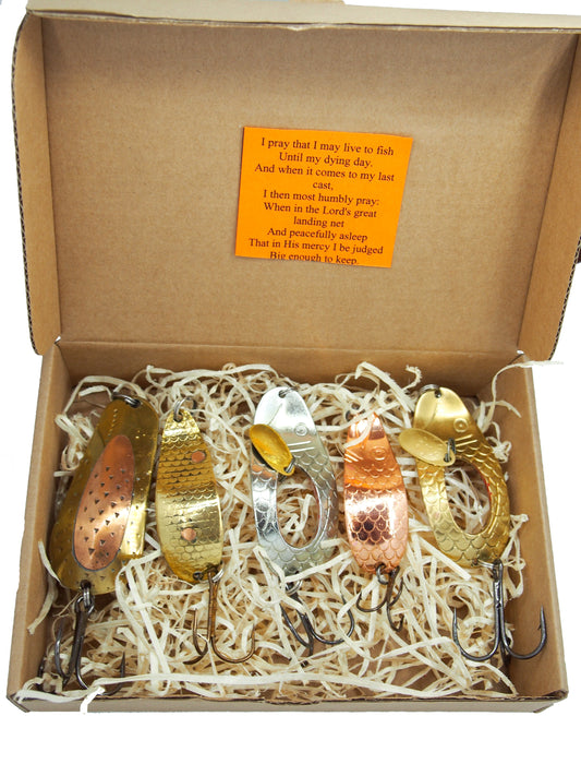 Crafted for Pike – 5 Copper Spoons in a Handmade Lure Gift Set