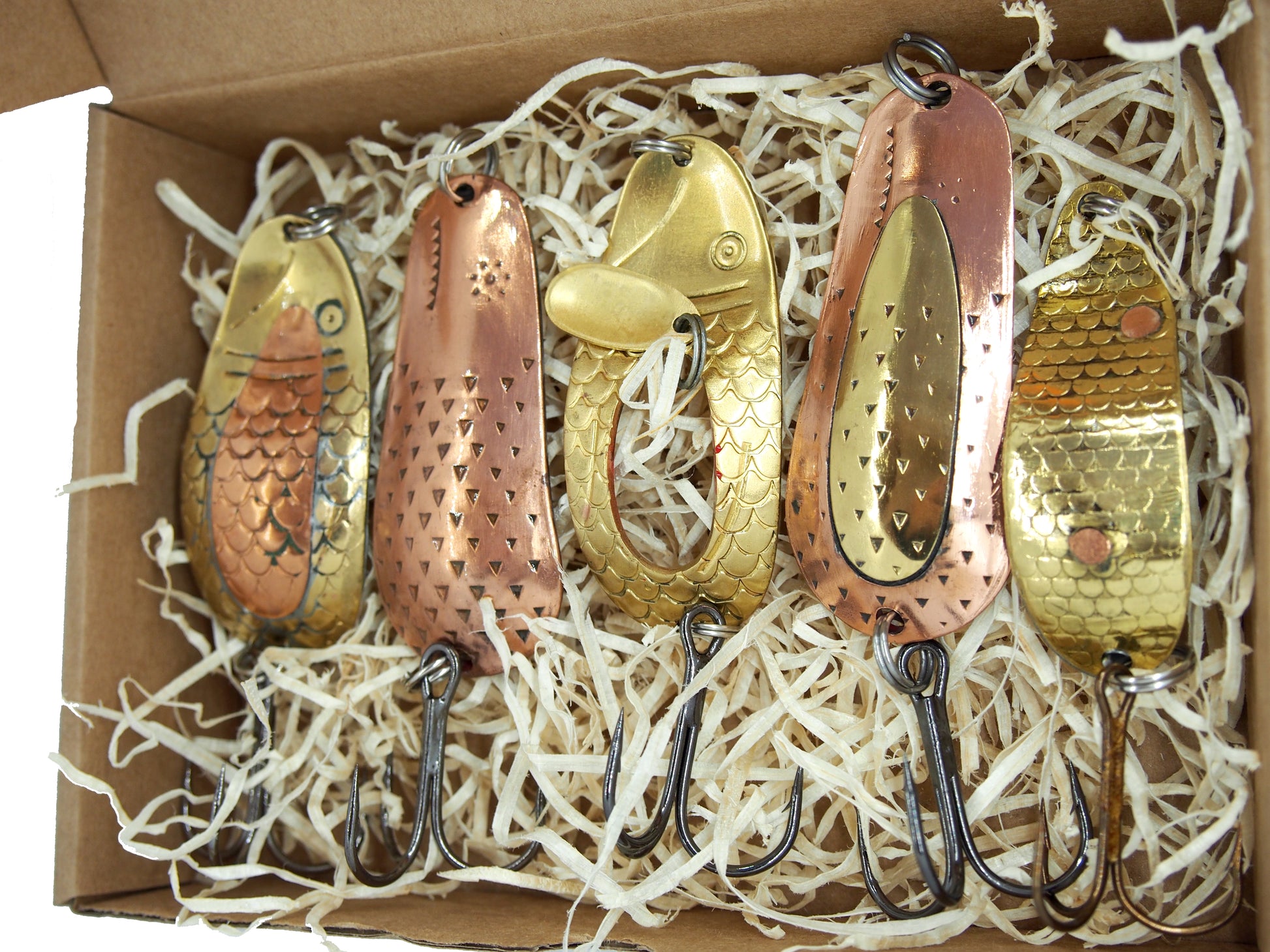 custom made fishing spoons for pike, five pieces of lures made from brass and copper