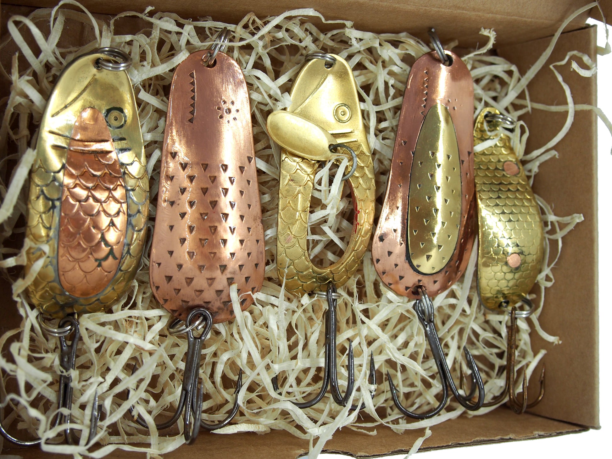 fishing spoons made from copper and brass 5 pieces , in a gift box
