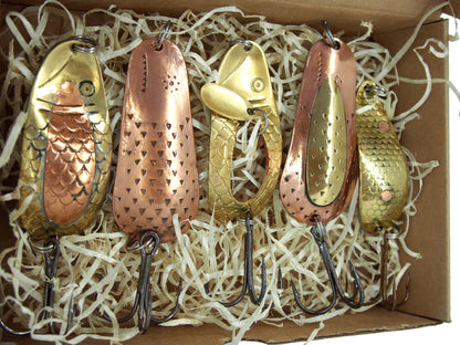 fishing spoons made from copper and brass 5 pieces , in a gift box