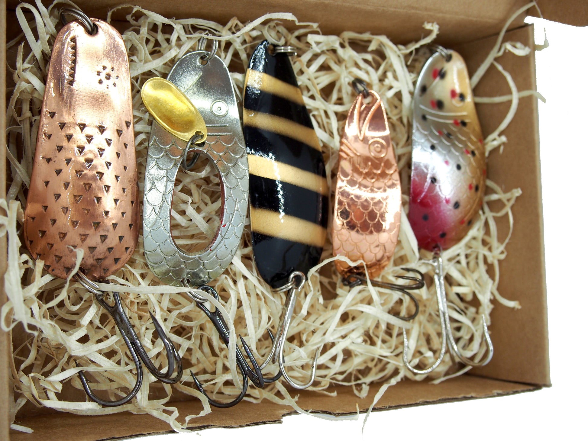 a close photo of pike fishing spoon lures 