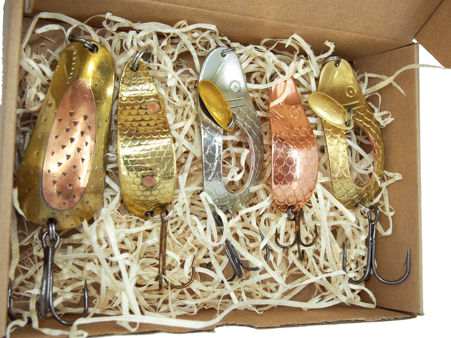 unique fishing lure set – 5 Copper Spoons in a Handmade Lure Gift Set